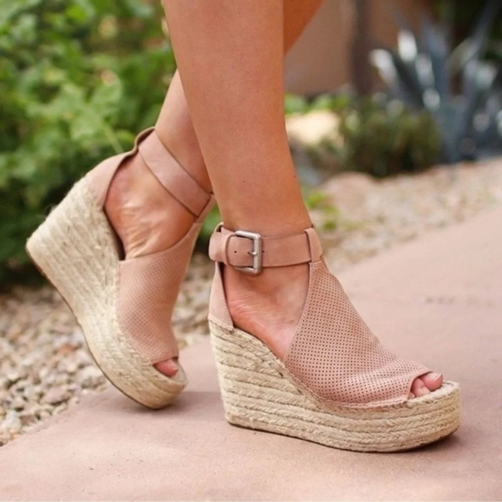 Marc Fisher Womens Perforated Suede Wedge Espadrille Platform Sandals Annie- 9